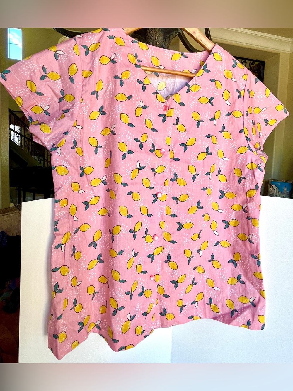 Hand Crafted Pink Short Sleeve Lemon Print Blouse